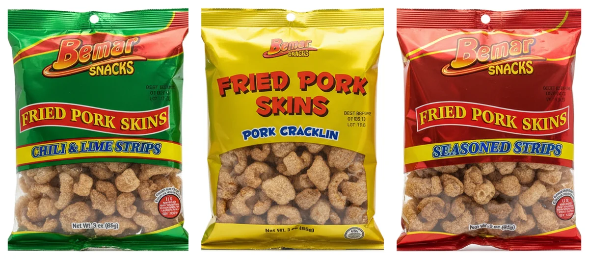 Bemar Snacks fried pork skins — chili & lime strips, pork cracklin and seasoned strips