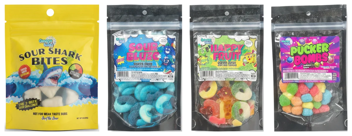 Omega Candy — Sour Shark Bites, Sour Bluze, Happy Fruit and Pucker Bombs