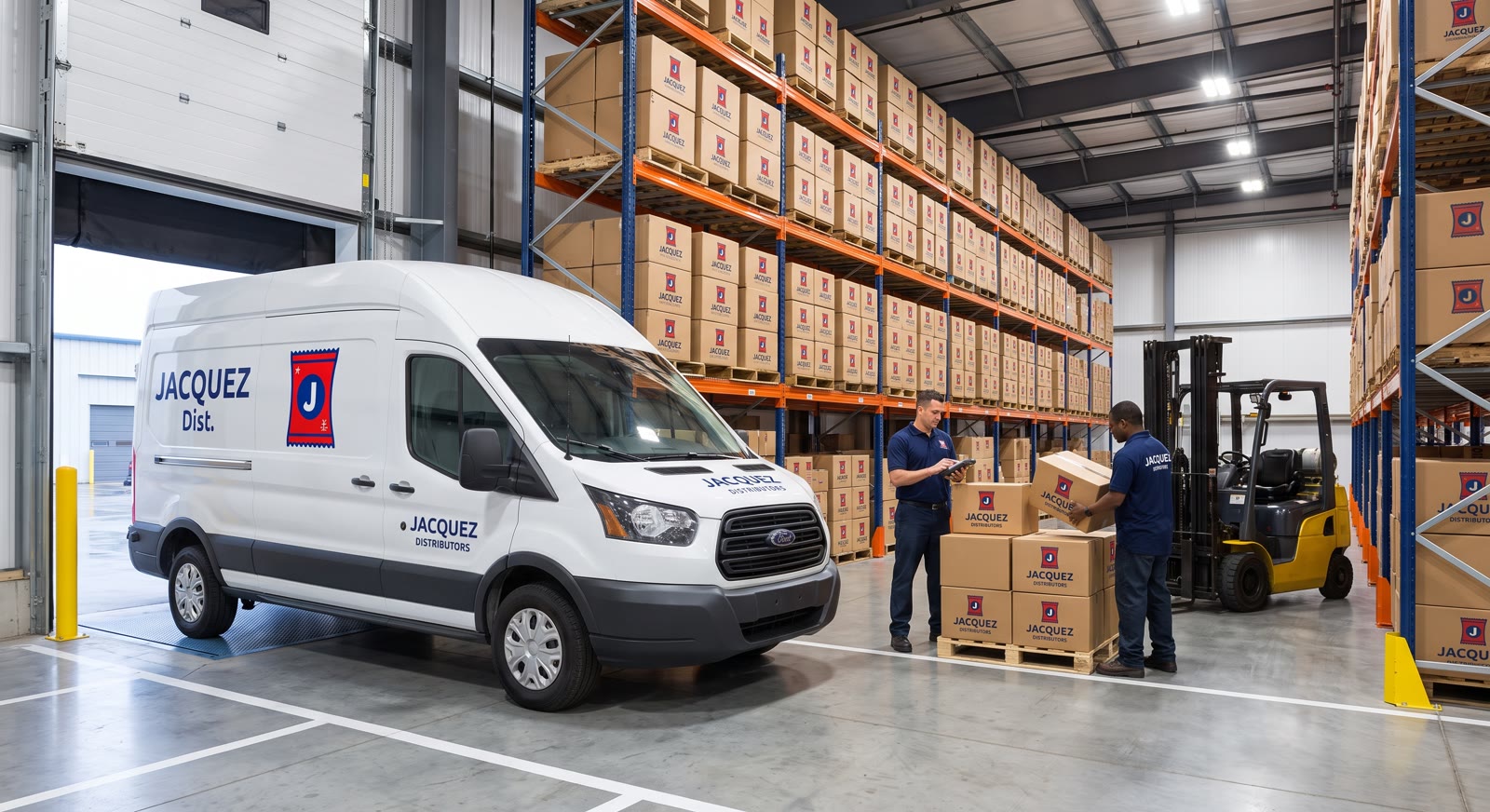 Jacquez route reps loading the delivery van at the warehouse dock